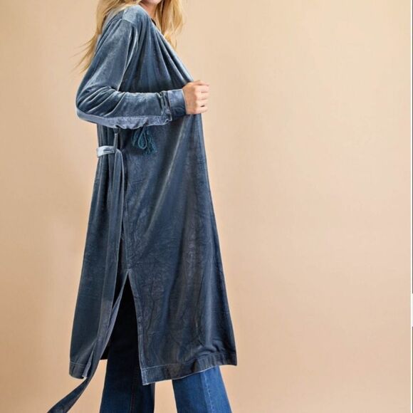 Dark Teal Velvet Boho Lace Up Tassel Sleeve Belted Open Cardigan Jacket - Picture 6 of 16